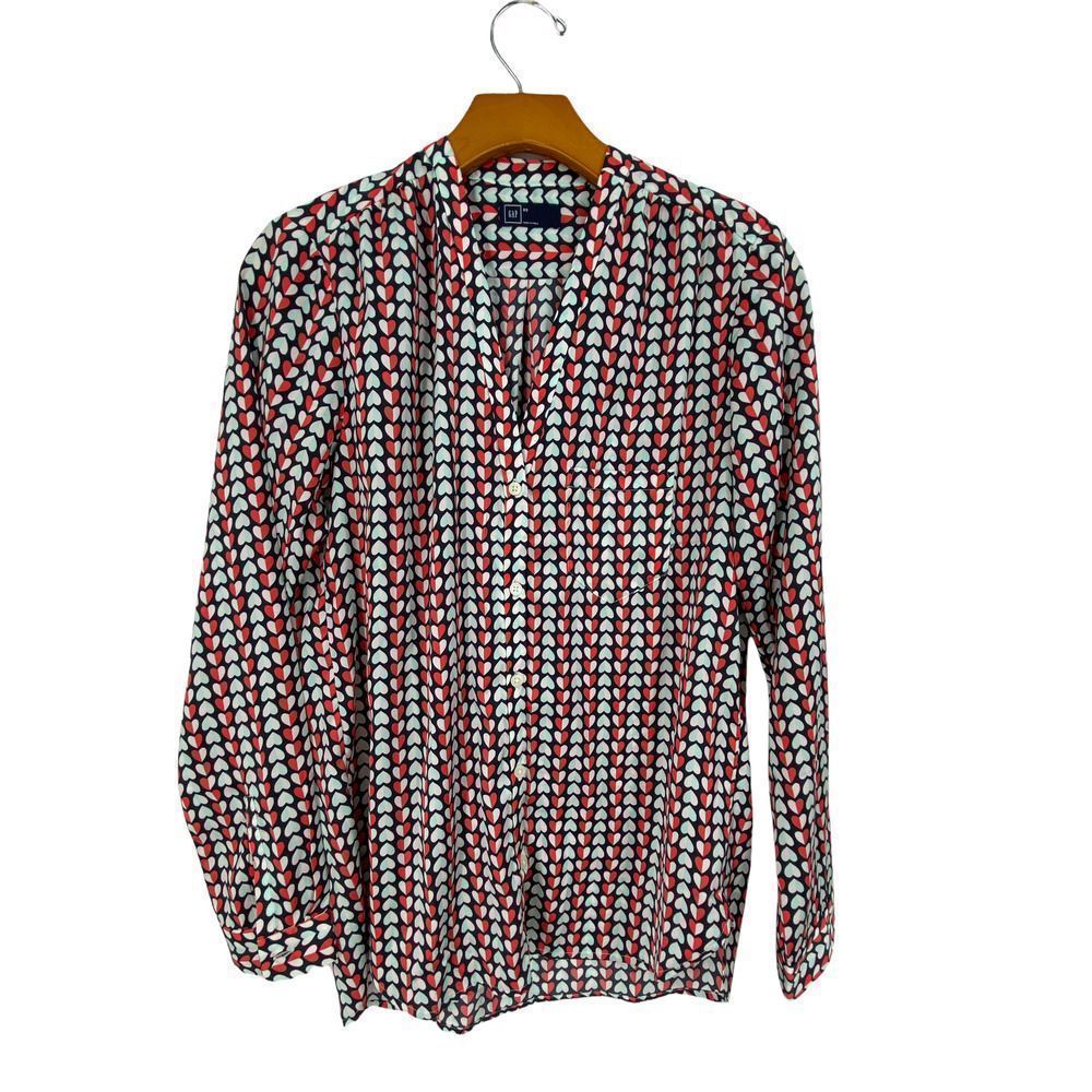 Gap Women's Heart Print Multicolor V Neck Long Sleeves Button Down Shirt XS